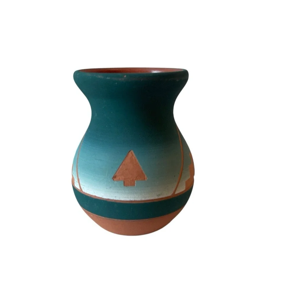 Native American Sioux Lakota Pottery Vase Teal Terracotta Hand Painted Matte